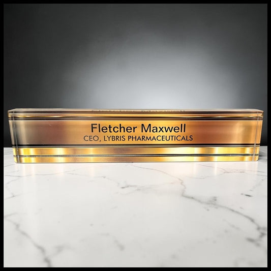 Leverage: Redemption Season 1 Episode 1 Fletcher Maxwell CEO Lybris Pharmaceuticals Acrylic Executive Desk Name Plate T.V. Prop (“The Too Many Rembrandts Job”)