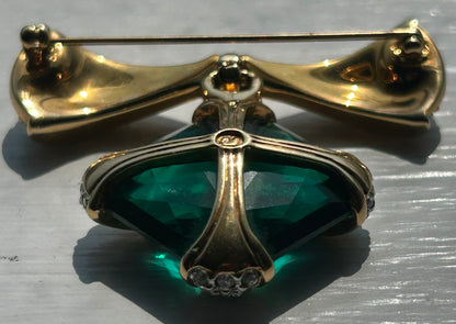 Vintage Circa 1990 Austrian Swarovski Gold-Plated Metal Pavé-Set Ribbon/Dangling Simulated Double-Pyramid Cut Emerald Green Crystal Jewel Brooch