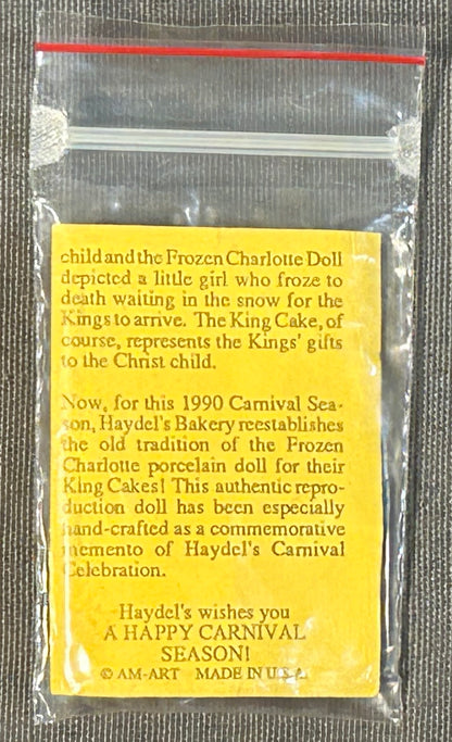 Vintage 1990 American Haydel’s Bakery New Orleans Mardi Gras Bisque Porcelain Frozen Charlotte Doll with Insert Card