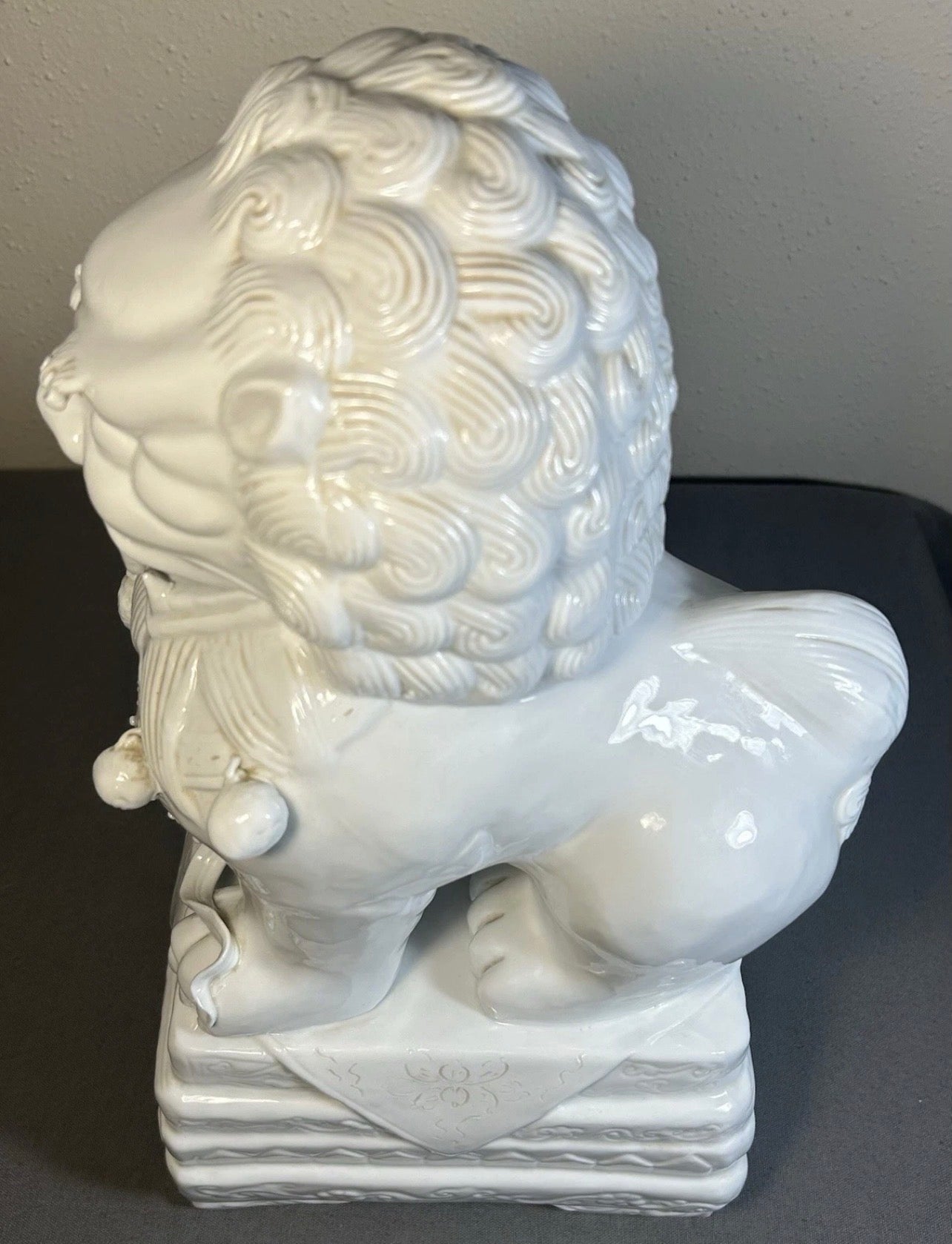 Vintage 1980’s Chinese Dehua Blanc de Chine Porcelain Male Foo Dog Guardian Lion Statue