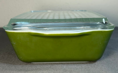 Vintage Circa 1970 American Pyrex 503 Verde Green 1 1/2 Quart Refrigerator Dish with Glass Ribbed Lid