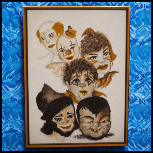 Vintage Circa 1970 Circus Clowns Oil Painting on Canvas by Dorothy Lee Nagorny