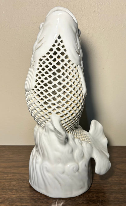 Vintage 1960’s Chinese Dehua Blanc de Chine Porcelain Reticulated Koi Carp Fish Sculpture