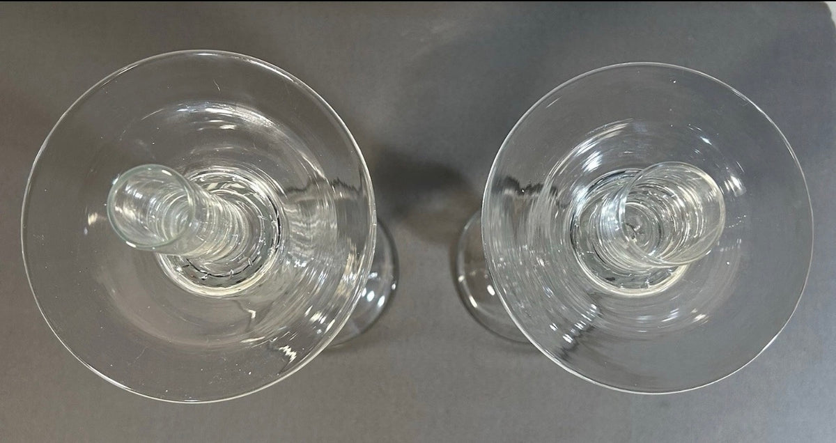 Pair of Vintage 1960’s Italian Empoli Monumental Mid Century Modern Clear Art Glass Optic Swirl Torsade Pattern Staggered Integrated Candle-Socket Chimney Circular Bobeche Drip Pans Candlesticks