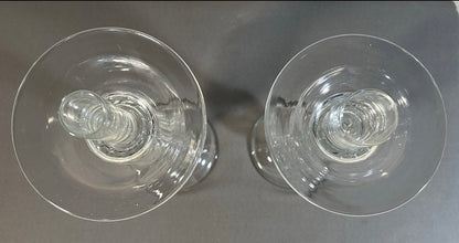 Pair of Vintage 1960’s Italian Empoli Monumental Mid Century Modern Clear Art Glass Optic Swirl Torsade Pattern Staggered Integrated Candle-Socket Chimney Circular Bobeche Drip Pans Candlesticks
