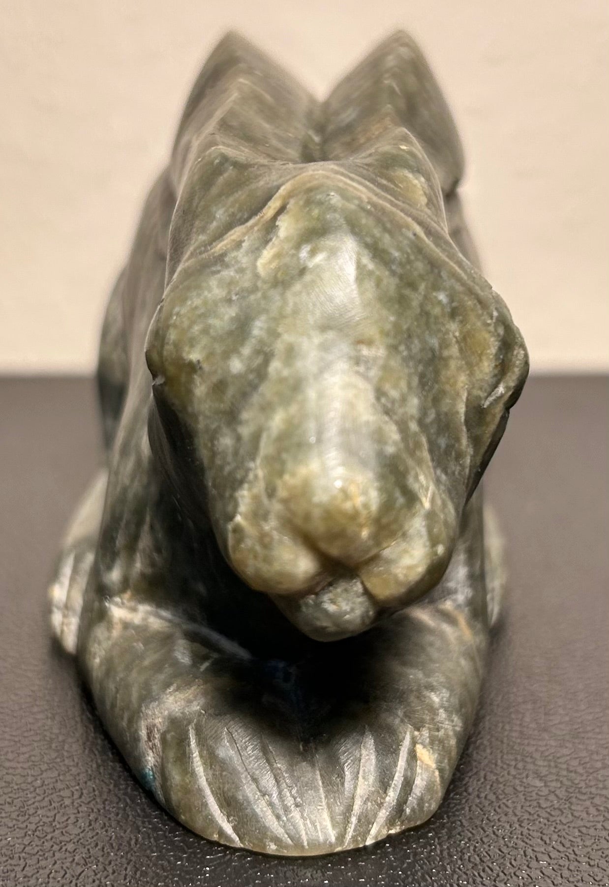 Vintage Mid 20th Century Chinese Recumbent Rabbit Spinach Green Soapstone Carving Figure