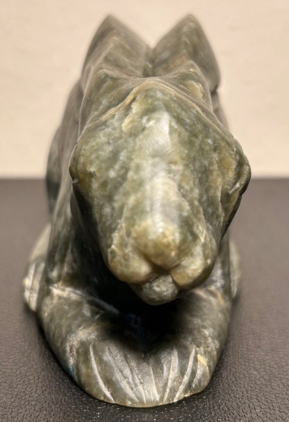 Vintage Mid 20th Century Chinese Recumbent Rabbit Spinach Green Soapstone Carving Figure