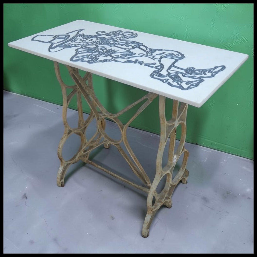 Vintage Mid 20th Century American Leprechaun Motif Resin Top Accent Table with Early 20th Century Cast Iron Sewing Machine Base
