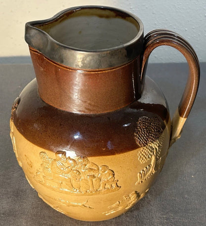1899 English Victorian Doulton Lambeth Pottery Stoneware/Spurrier & Co. Sterling Silver Rim Harvest Jug