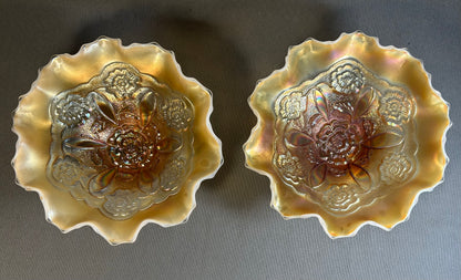 Pair of Circa 1915-1925 American Fenton Marigold/Opalescent Carnival Glass Lustre Rose Pattern Footed Compotes
