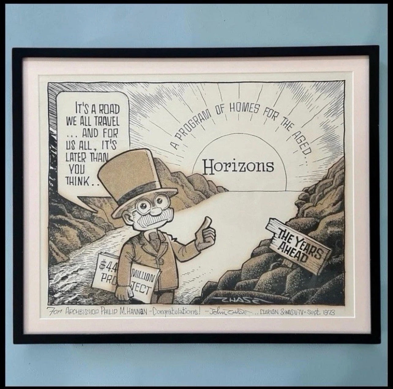 Vintage 1973 John Churchill Chase New Orleans Framed Signed Original Cartoon Art for Catholic Horizons “A Program for the Aged” Gifted to Archbishop Philip M. Hannan from the Clarion Herald and WDSU-TV