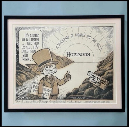 Vintage 1973 John Churchill Chase New Orleans Framed Signed Original Cartoon Art for Catholic Horizons “A Program for the Aged” Gifted to Archbishop Philip M. Hannan from the Clarion Herald and WDSU-TV