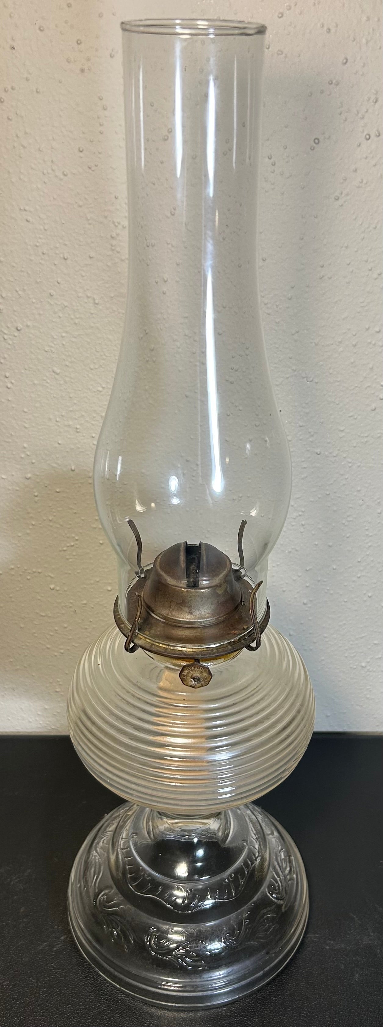 1930’s American Bartlett-Collins Early American Pressed Glass Rib and Plume Beehive Kerosene Oil Lamp with Eagle Burner