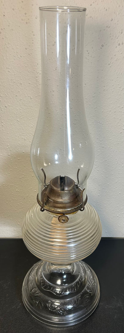 1930’s American Bartlett-Collins Early American Pressed Glass Rib and Plume Beehive Kerosene Oil Lamp with Eagle Burner