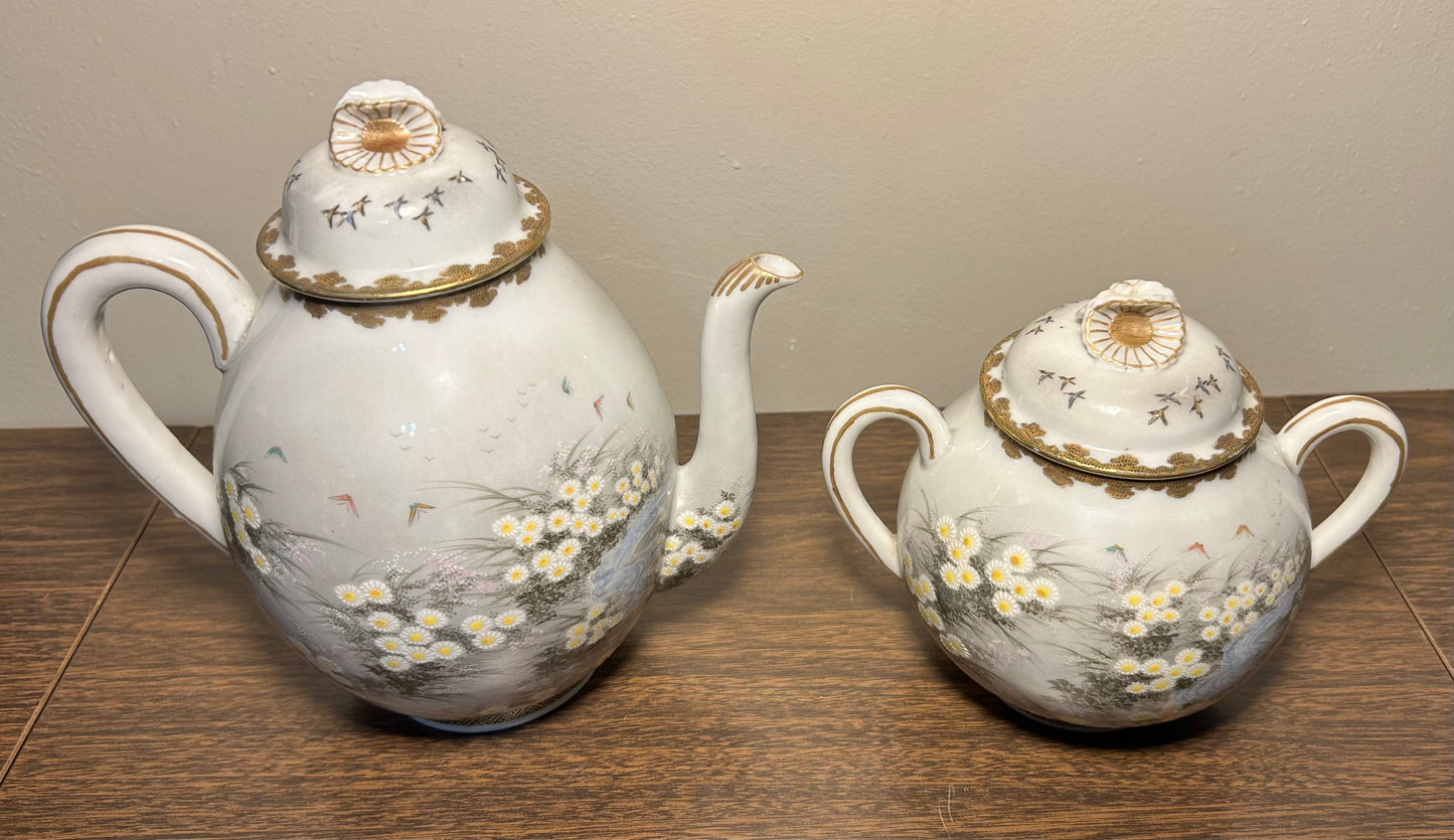 Early 20th Century Japanese Kutani Porcelain Hand-Painted Gilded Chrysanthemum Floral/Mountain Creek Landscape Motifs Teapot and Lidded Sugar Bowl Set (Meiji Period)