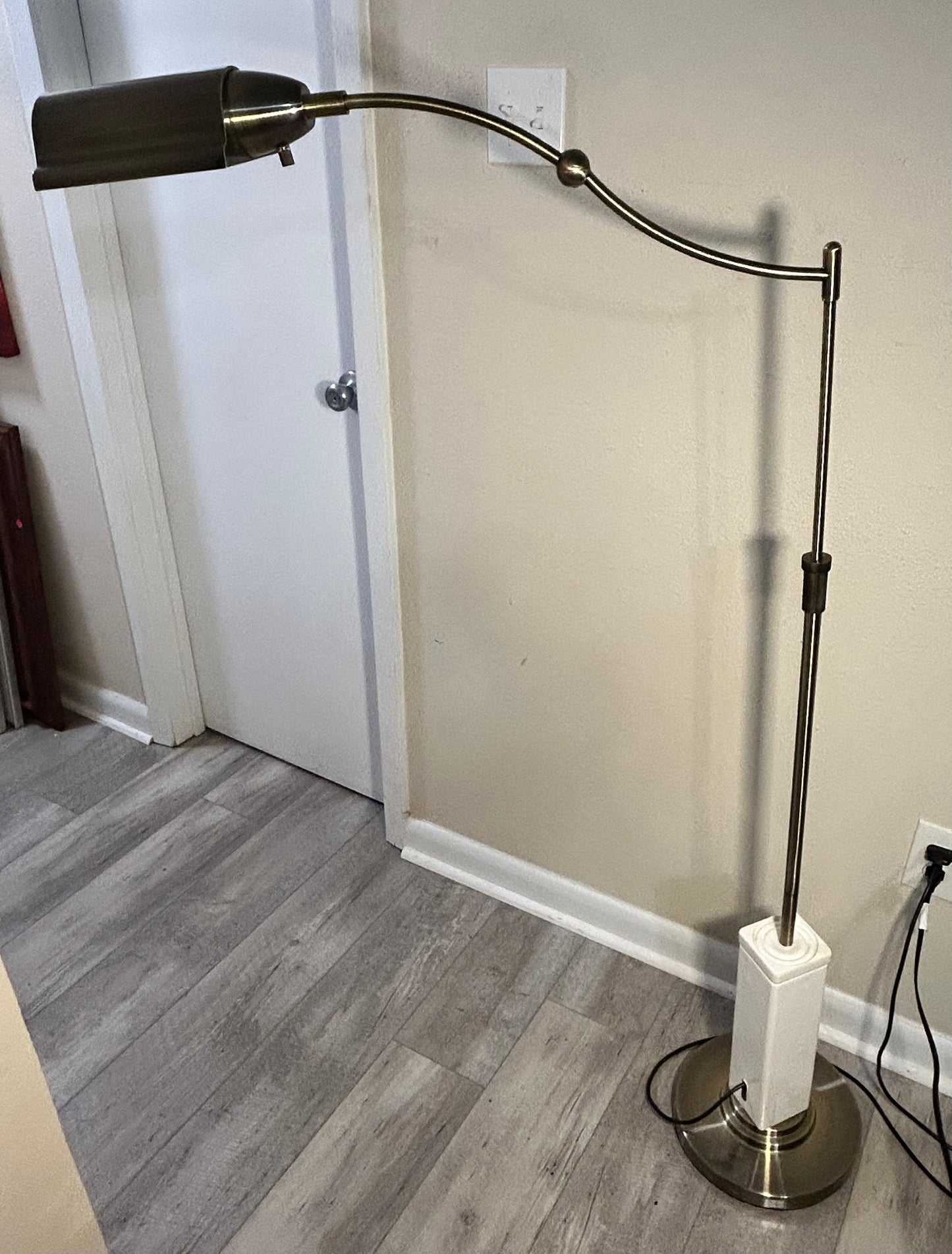 Vintage 1980’s Postmodern Brushed Brass Metal/White Wood Block Base Swingarm Floor Lamp