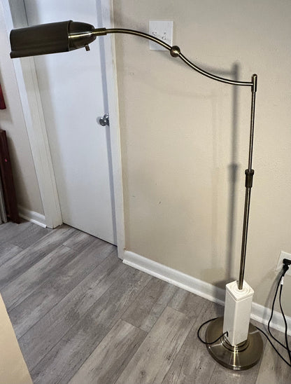 Vintage 1980’s Postmodern Brushed Brass Metal/White Wood Block Base Swingarm Floor Lamp