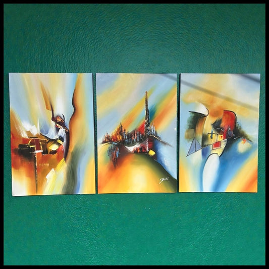 Set of 3 Triptych Contemporary Abstract Impressionist Acrylic Paintings on Canvas Signed Gui (20th/21st Century)