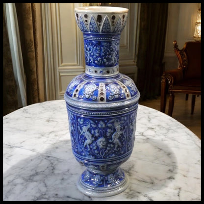 Mid 19th Century German Renaissance Revival Westerwald Salt Glazed Stoneware Green Man Motifs Footed Rouleau Vase
