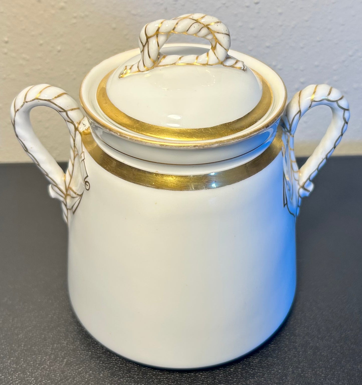 Late 19th Century French Rococo Revival Haviland Limoges Porcelain Rope and Anchor Pattern Lidded Sugar Bowl