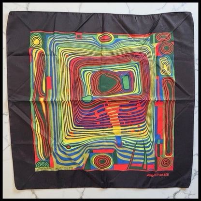 Vintage Circa 1970 Friedensreich Hundterwasser “The Blood Flows in a Circle and I Have a Bicycle” Art Silk Scarf Made by Filmdruck Heberlein & Co. AG (Switzerland)
