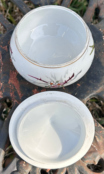 Vintage 1960’s Japanese Porcelain Hand-Painted Floral/Bird Motifs Lidded Vanity Jar