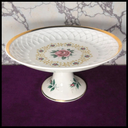 Vintage 1950’s German Schumann Arzberg Bavaria Porcelain Gilded Rose Flower Motifs Pedestal Cake Stand