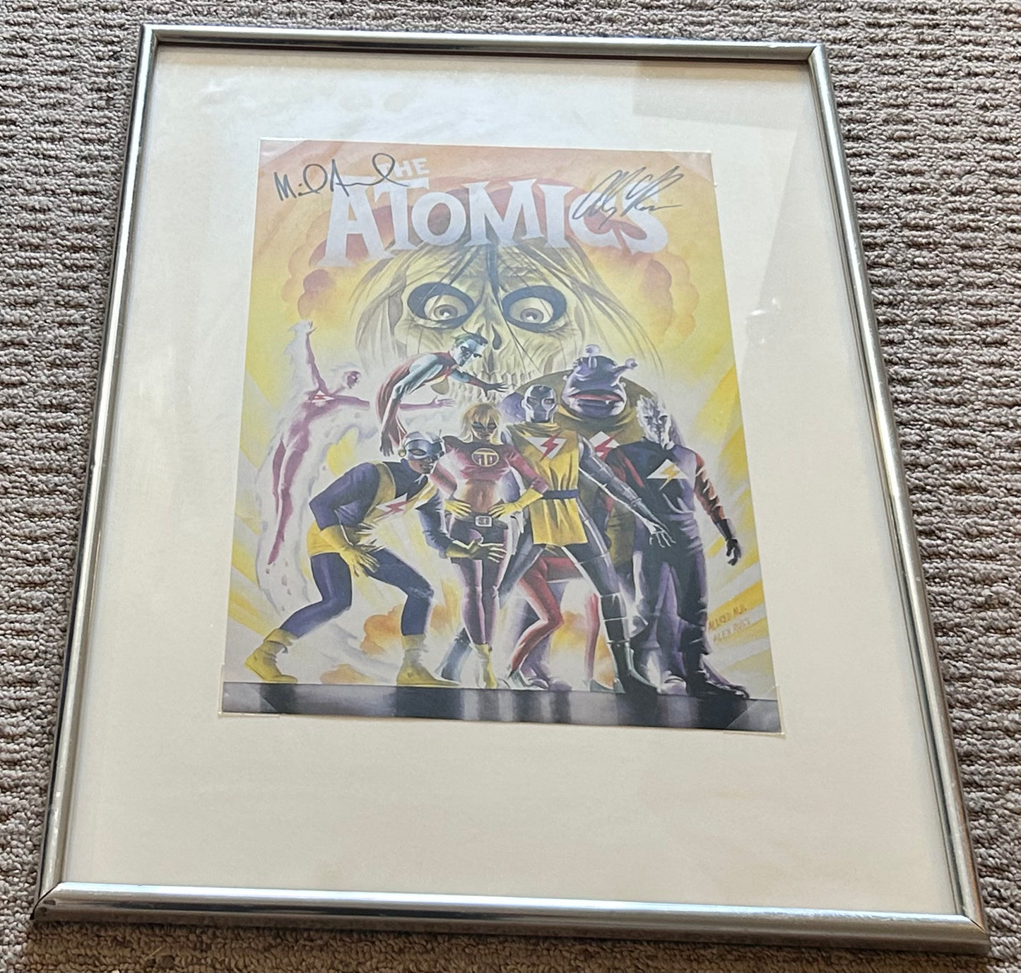 Vintage Early 2000’s The Atomics Comic Book Art Framed Print Signed by Artists Mike Allred and Alex Ross