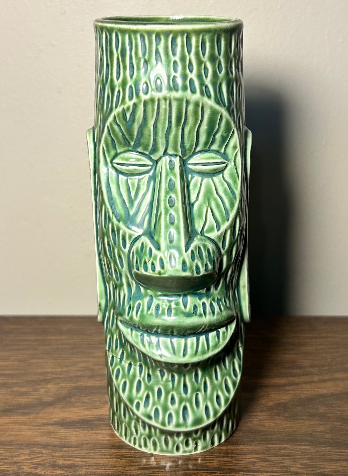 Vintage 1970’s Huki Lau Metairie, Louisiana Ceramic Green Tiki Moai Glass