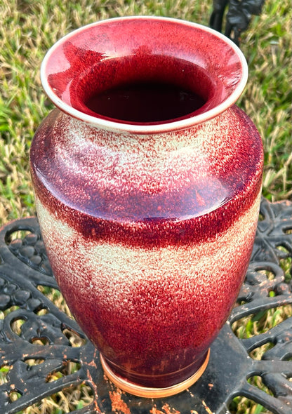 Early 20th Century English Arts & Crafts Ruskin Style Art Pottery Chinoiserie Flambé Sang de Boeuf Glazed Baluster Vase