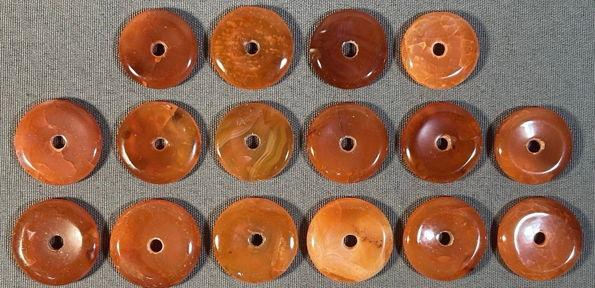 Lot of 32 Carved Polished Natural Red Agate and Carnelian Gemstone Donut Jewelry Pendants