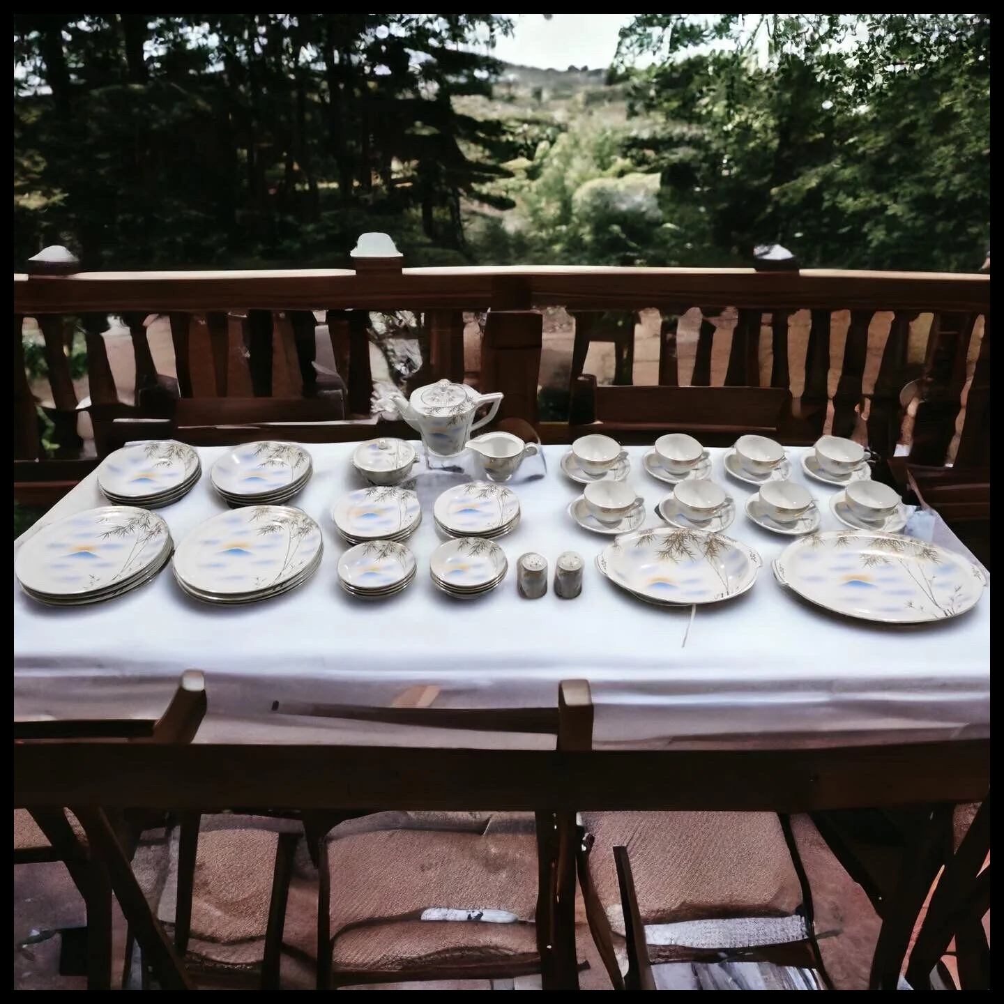 Vintage Mid 20th Century Japanese Kutani Porcelain Mountain/Bamboo Motif 57-Piece Place Setting Dinner Service for 8