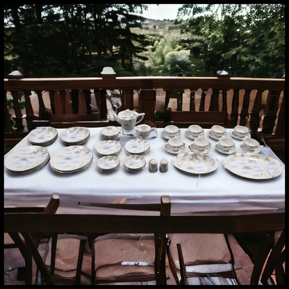 Vintage Mid 20th Century Japanese Kutani Porcelain Mountain/Bamboo Motif 57-Piece Place Setting Dinner Service for 8