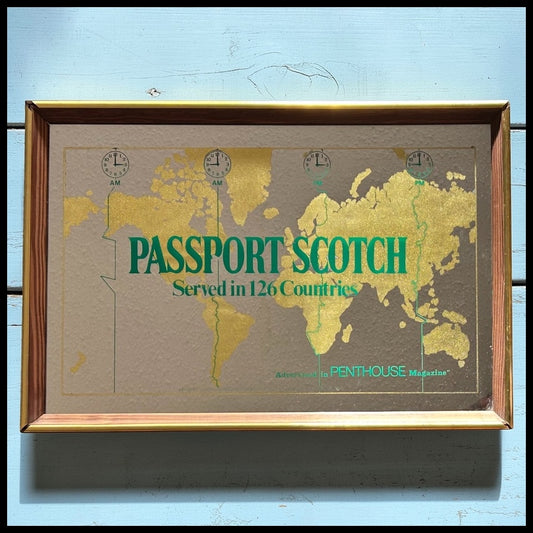 Vintage 1970’s Passport Scotch Served in 126 Countries Framed Bar Mirror