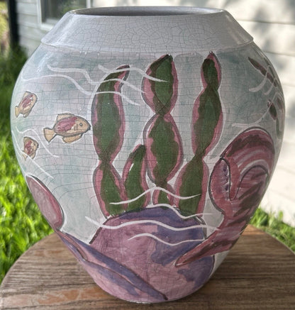 1992 Bruce and Tami Odell Studio Pottery Crackle Glazed Clay Mermaid and Fish Sea Life Motifs Baluster Vase