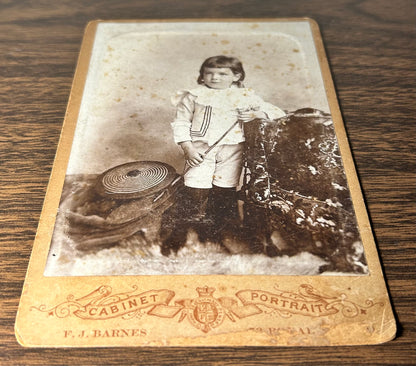 Late 19th Century American Victorian Young Boy Portrait Sepia Cabinet Card Photograph by F.J. Barnes