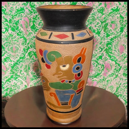 Vintage 1960's Guatemalan Mid Century Modern Clay Aztec Motifs Baluster Vase