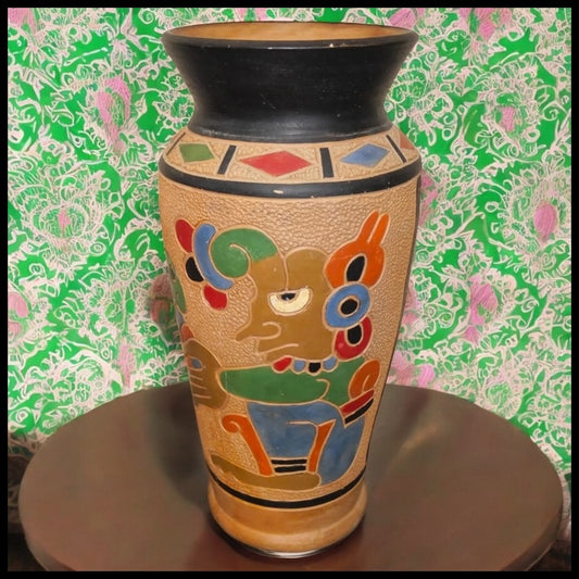 Vintage 1960's Guatemalan Mid Century Modern Clay Aztec Motifs Baluster Vase