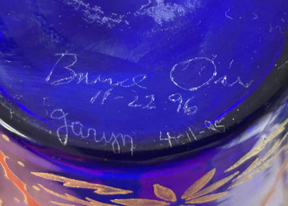 Jaryn/Bruce Orr Art Glass Contemporary Cobalt Blue Gilded Painted Dragon/Foliate Motifs Baluster Vase (1995/1996) (American)