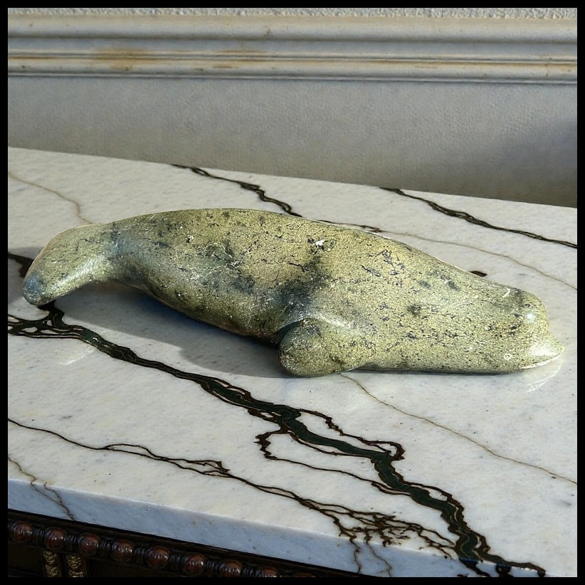 Vintage Canadian Inuit Beluga Whale Serpentine Stone Carving by Nooshoota Paduq (1979)