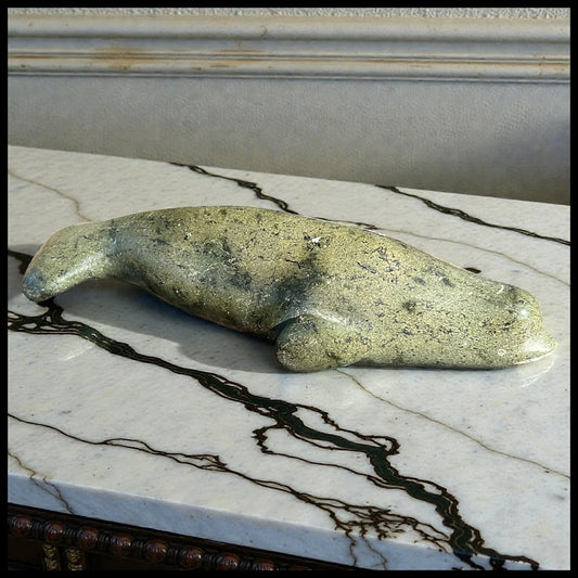 Vintage Canadian Inuit Beluga Whale Serpentine Stone Carving by Nooshoota Paduq (1979)