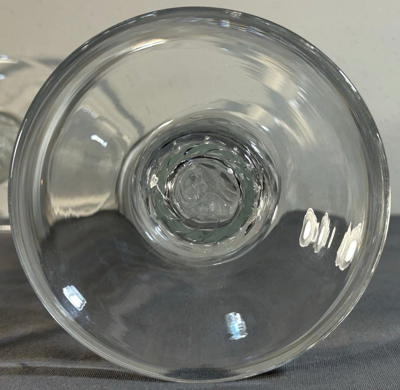 Pair of Vintage 1960’s Italian Empoli Monumental Mid Century Modern Clear Art Glass Optic Swirl Torsade Pattern Staggered Integrated Candle-Socket Chimney Circular Bobeche Drip Pans Candlesticks
