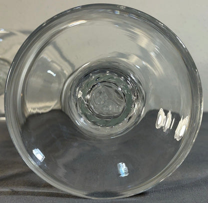 Pair of Vintage 1960’s Italian Empoli Monumental Mid Century Modern Clear Art Glass Optic Swirl Torsade Pattern Staggered Integrated Candle-Socket Chimney Circular Bobeche Drip Pans Candlesticks