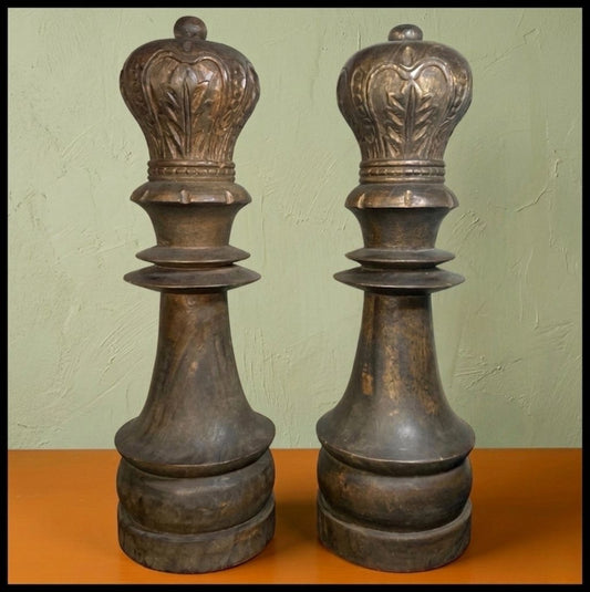 Pair of Vintage 1970’s Monumental Staunton Style Hand-Carved Kamagong Wood Queen Chess Piece Sculptures Made in the Phillipines
