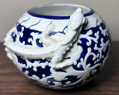 1885 English Victorian Royal Worcester Porcelain Japanesque Style Porcelain Brush Washer Form White/Cobalt Blue Raised Relief Dragon Motif Small Rotund Vase