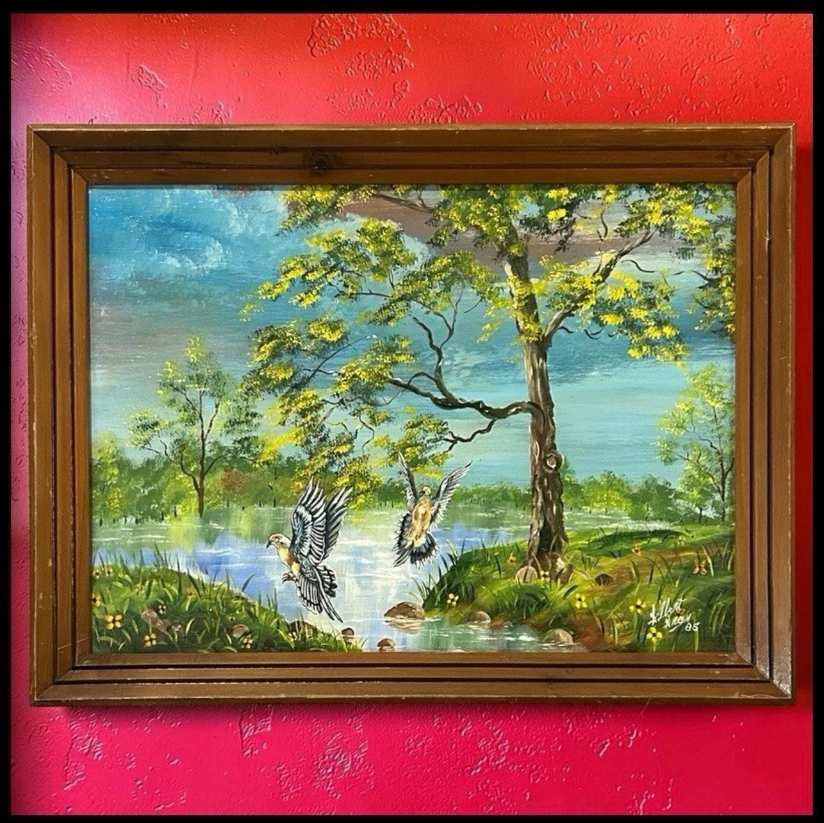 Vintage 1985 Gilbert Green - Untitled Bayou Landscape Framed Acrylic Painting on Wood Panel (Louisiana)