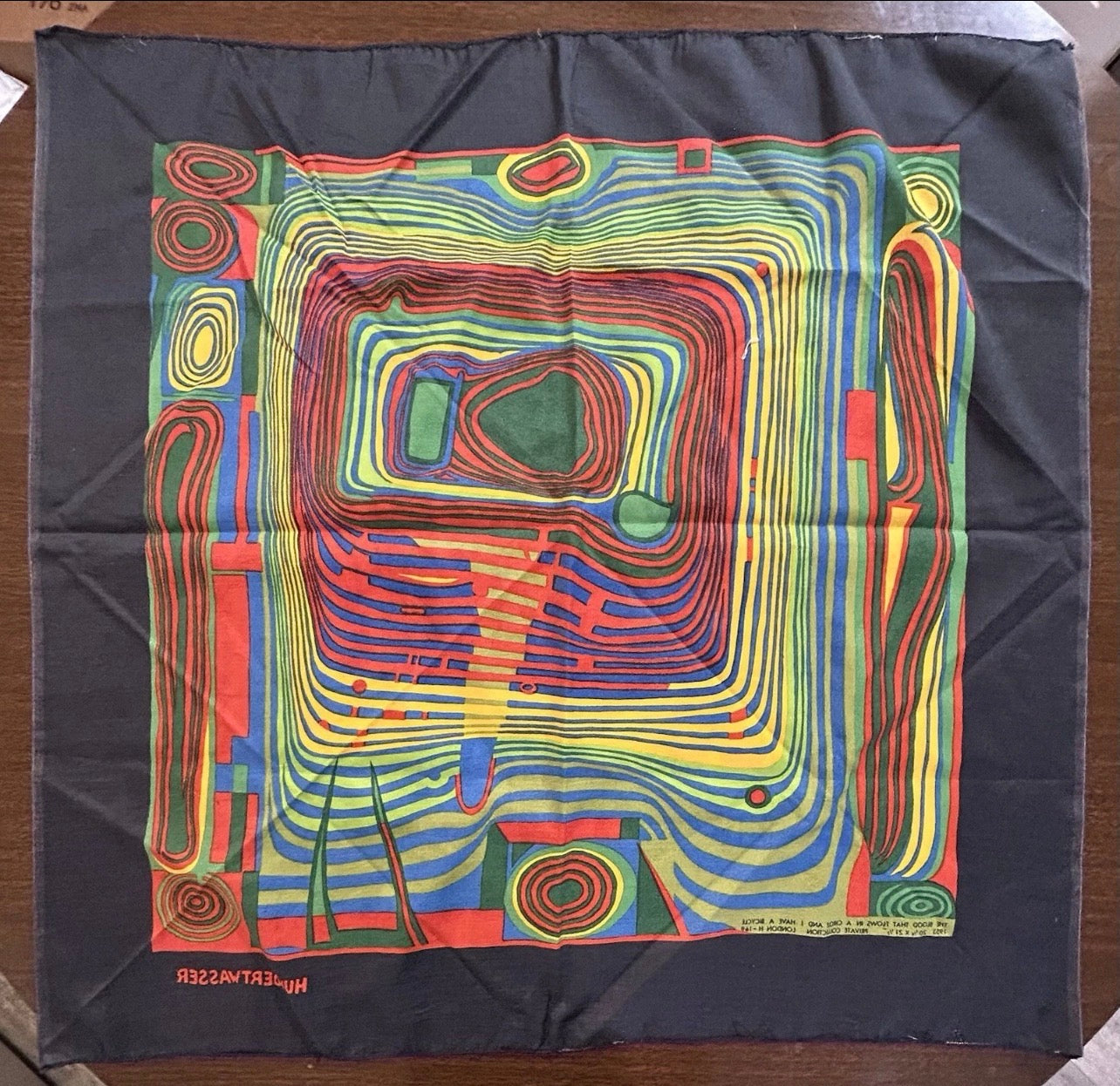 Vintage Circa 1970 Friedensreich Hundterwasser “The Blood Flows in a Circle and I Have a Bicycle” Art Silk Scarf Made by Filmdruck Heberlein & Co. AG (Switzerland)