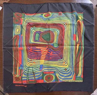 Vintage Circa 1970 Friedensreich Hundterwasser “The Blood Flows in a Circle and I Have a Bicycle” Art Silk Scarf Made by Filmdruck Heberlein & Co. AG (Switzerland)