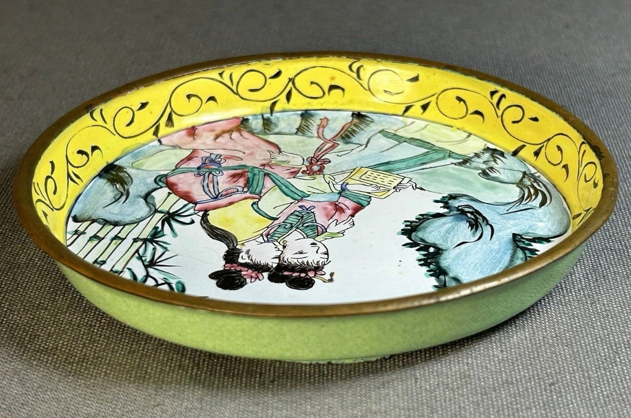 Vintage 1950’s Chinese Canton Enamel on Copper Hand-Painted Court Ladies Motif Trinket Dish