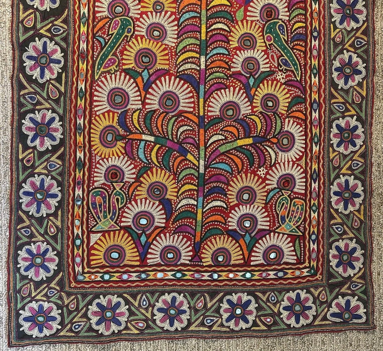 Vintage 1960’s Indian Kutch Chakla Embroidery/Mirror Work Textile Tree of Life Wall Hanging
